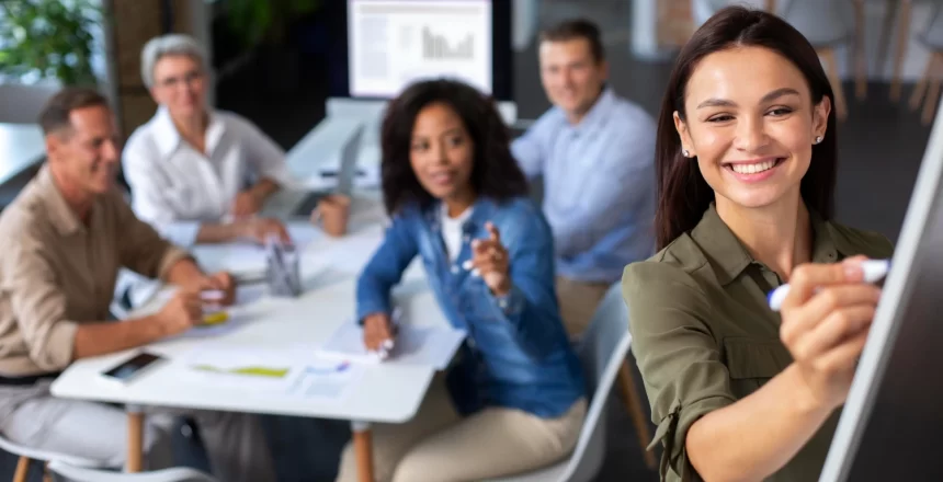 pessoas trabalhando com uma pessoa de estilo de liderança amigável